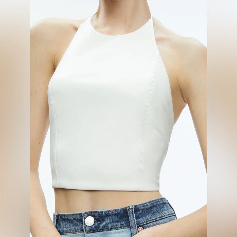 Alice + Olivia JAYMEE VEGAN LEATHER CROPPED HALTER TOP